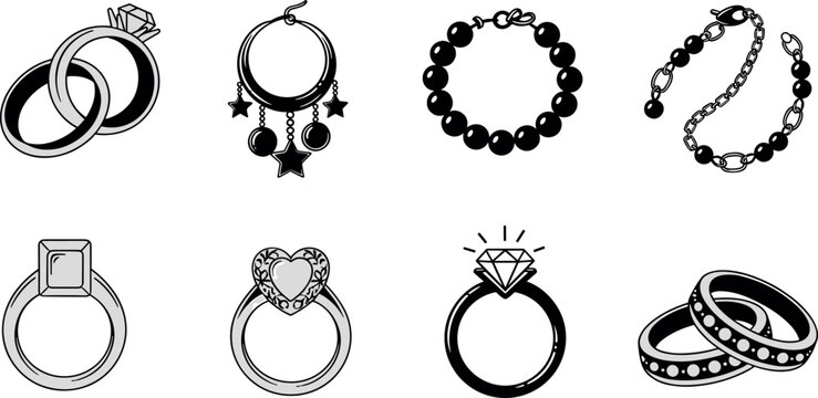 Set of luxury jewelry icons featuring engagement rings wedding bands earrings and pearl bracelets black and white vector
