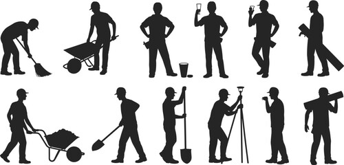 Black silhouettes of construction workers and manual laborers using tools like shovels wheelbarrows and brooms isolated on white background for industrial building and work concepts © Parimal