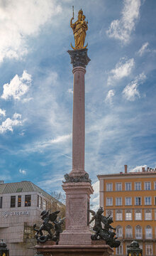 Munich, Germany: The Mariens&auml;ule (Mary's Column) located on the Marienplatz, as Patroness of Bavaria. It was erected in 1638 to celebrate the end of Swedish occupation.