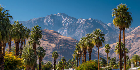 Palm trees in front of a mountain range on a clear sunny day with blue sky and snow capped peaks