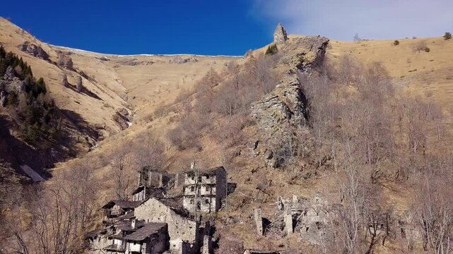 Narbona, Italy - Ruin of an old abandoned village in Piedmont, old town aerial panorama, travel, trekking, tourism, emotional, cinematic
