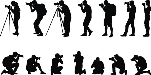 Large collection of black photographer silhouettes holding professional cameras on tripods and handheld while standing or kneeling isolated on a black background for media design © Parimal