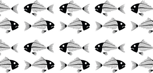 Fish skeleton and bones vector silhouette set featuring various fish fossils, rib cage, skull, and spine icons for biology and restaurant design © MSTSORIFA