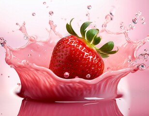vivid shot of ripe strawberries in a splash of pink liquid