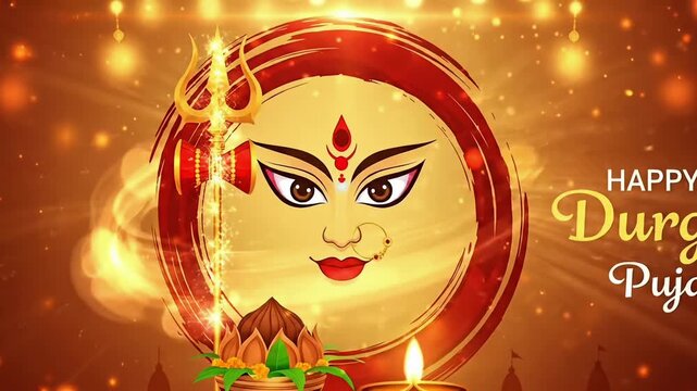 Durga puja navratri festive greeting with goddess face trident diya and lotus in chaitra navratri indian religious celebration motion background