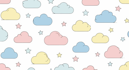Fototapeta premium Pastel Clouds and Stars Pattern