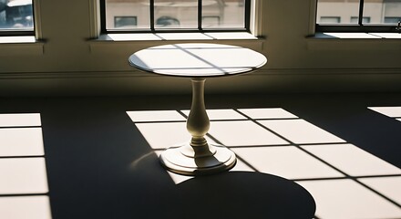 Sunlight casting geometric shadows on a round table in an empty room.