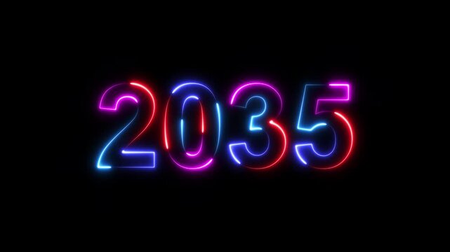 2035 neon line text. Happy new year 2035 neon line text animation. Glowing four color light numbers on dark background 4k. 2035 neon glow text animation background.