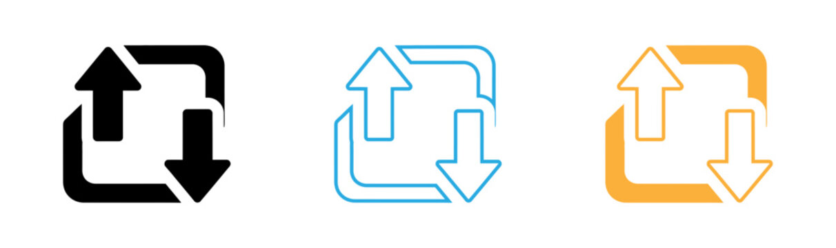 Arrow cycle icon set. Includes refresh, reload, recycle, and repeat symbols. Created in simple style with black, blue, and orange palette.