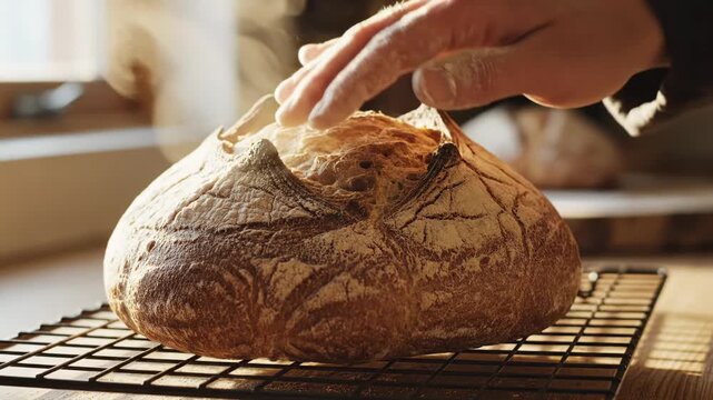Freshly baked steaming sourdough bread cooling on a wire rack, with a hand touching the warm rustic crust for a homemade baking concept and comfort food