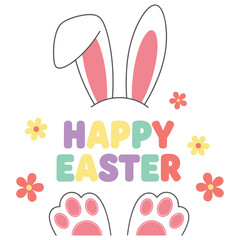 Cute illustration featuring colorful happy easter text peeking out from behind whimsical white bunny ears and adorable pink paw prints for seasonal celebration designs