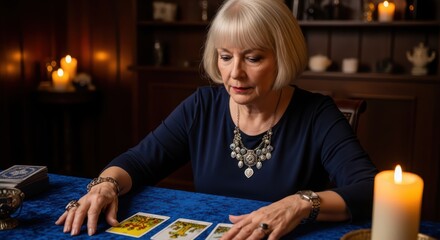 Fototapeta premium Elderly caucasian woman with tarot cards in dim candlelit room focused on fortune-telling