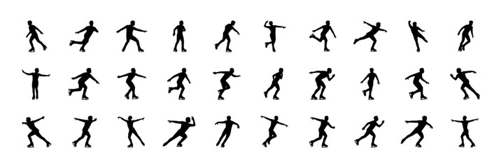 Obraz premium Set of professional figure skating silhouettes, ice skater athletes performing jumps and spins vector