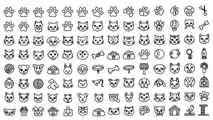 Obraz premium A comprehensive collection of black and white line art icons featuring various pet animals like cats and dogs, along with pet care accessories and related objects.