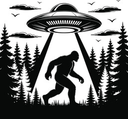 Vector, Illustration, of, Bigfoot, Sasquatch, and, UFO, Alien, Spaceship, in, Forest, for, Mystery, Identity, Branding, Paranormal, Adventure, Professional, Graphic, Design, Projects, Concept,  © MstKhodeza