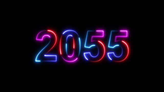2055 neon line text. Happy new year 2055 neon line text animation. Glowing four color light numbers on dark background 4k. 2055 neon glow text animation background.