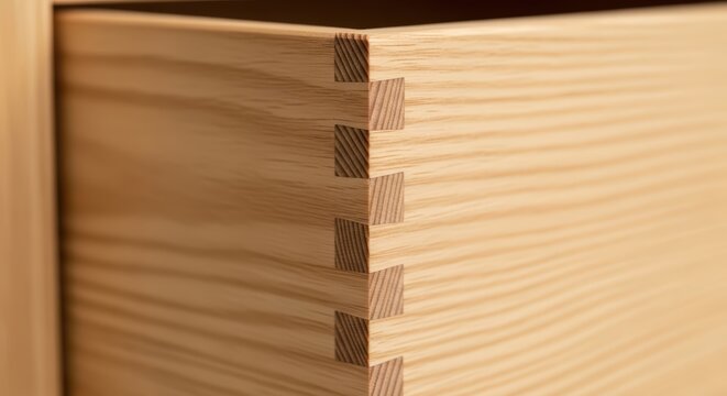 Close-up of precision wood dovetail joinery on light pine drawer corner with natural grain texture and fine craftsmanship