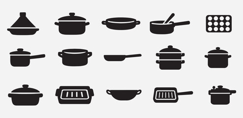 Collection of Cooking Pots and Pans Icons for Kitchenware and Culinary Use