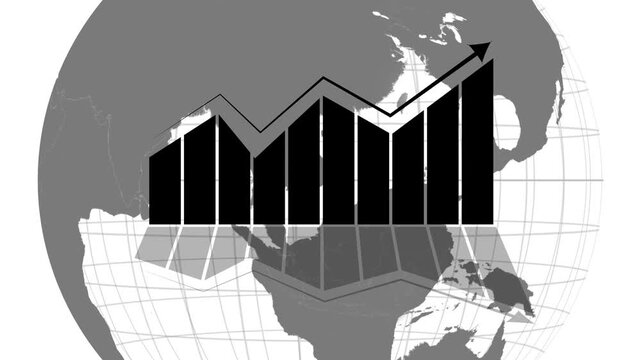 Animated Black Bar Graph with Upward Trend Arrow and Reflection on Globe Background chart growth, Glowing ascending black bar chart bar graph dark background showing growth progress data animation.