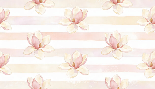 Seamless pattern of soft pink and beige magnolia flowers on striped watercolor background