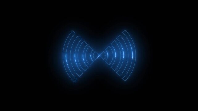 Blue Wi- Fi Signal Icon with Two Radiating Halves on animated Black Background, Blue wifi signal icon on black background representing wireless internet connection, wifi icon on black background.