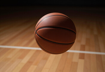 Obraz premium dramatic lone basketball hovering dimly lit hardwood court bathed soft golden light accentuates ball