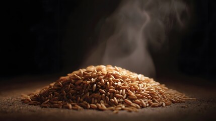 Obraz premium Close up of a steaming pile of uncooked brown rice grains artfully illuminated with dramatic spotlighting against a dark moody background