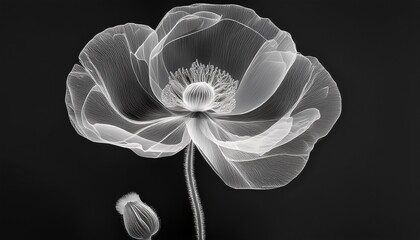 x ray image of a poppy flower delicate translucent grayscale flower with visible stem and leaves