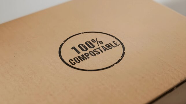 A cardboard surface with a black circular stamp reading "100% COMPOSTABLE."