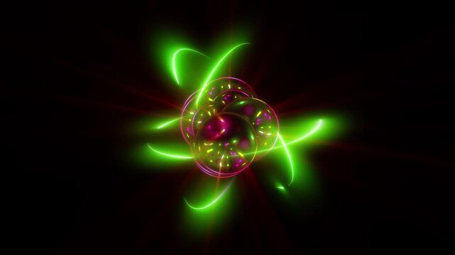 3D illustration of an atom showing the nucleus with protons and neutrons.
