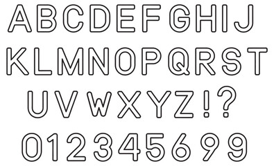 Latin alphabet letters and numbers set, 0&ndash;9 digits, punctuation symbols, outlined, isolated, vector illustration