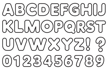 Latin alphabet letters and numbers set, 0 to 9, punctuation marks, outlined vector, isolated white background