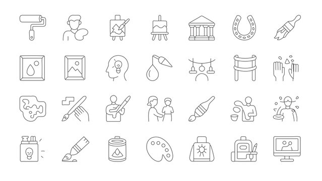 This image displays a grid of minimalist gray line icons related to art, creativity, and culture. The collection includes various symbols for painting supplies like easels, brushes, paint tubes,