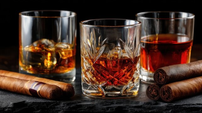 Assorted whiskey glasses with cigars on dark stone surface.