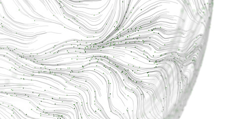 Abstract image featuring flowing lines and dots in motion against a bright white background. Evokes...