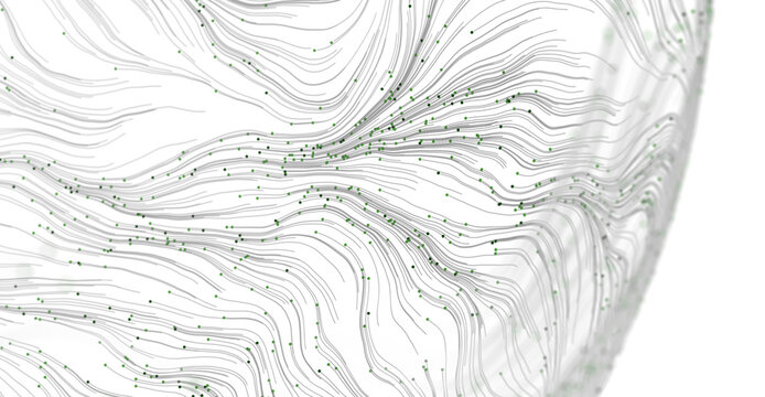 Abstract image featuring flowing lines and dots in motion against a bright white background. Evokes ideas of networks an