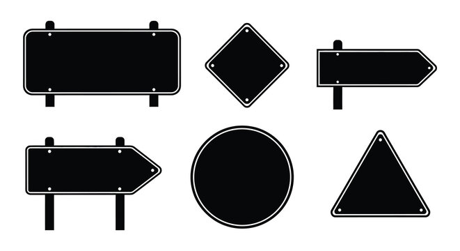 Collection of black road sign shapes and geometric forms a striking silhouette