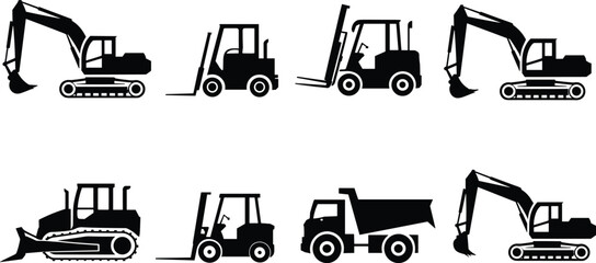 Construction machinery silhouette set, excavator forklift bulldozer and dump truck heavy equipment icons for industrial building engineering projects design © Ashik Creatives