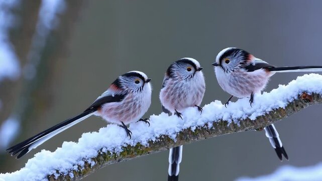 Three small long-tailed tits huddle together on a frost-covered branch during winter. The scene features a soft, blurred background emphasizing the birds' fluffy feathers and natural behavior.