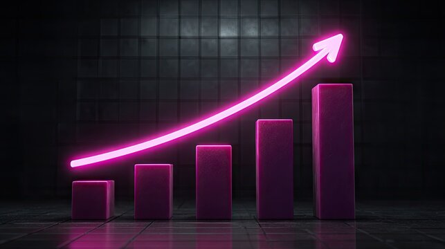 Glowing pink line chart with ascending magenta columns illustrates positive business progress
