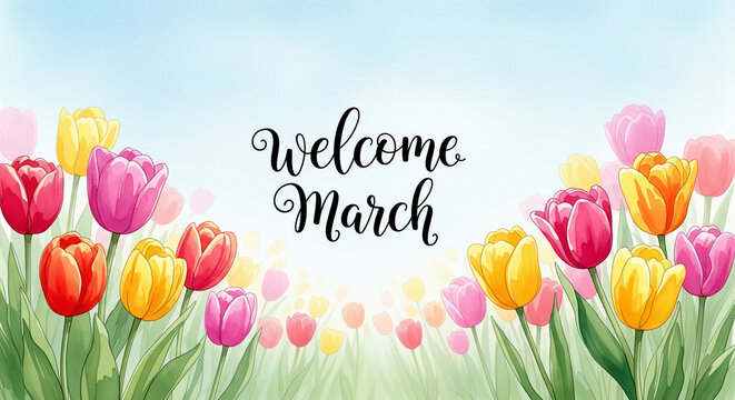 Bright tulips welcome March spring banner with handwritten text on pastel blue sky background
