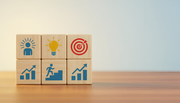 Six Wooden Blocks 2x3 Grid with Growth, Goals, and Idea Icons on Light Wood

