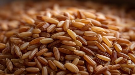 Obraz premium Close up of uncooked brown rice grains showcasing texture and natural tones with shallow depth of field