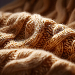 Fototapeta premium Macro close-up of a cozy beige cable knit sweater texture, showing detailed yarn fibers and soft braided patterns. Warm autumn or winter wool background for seasonal designs.