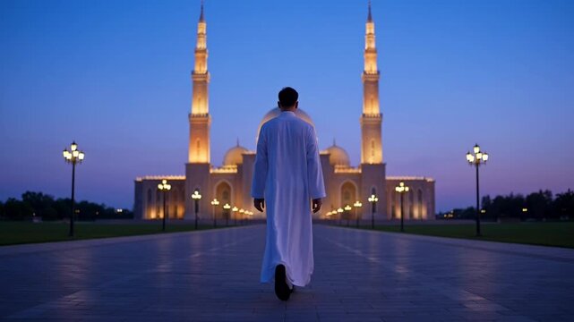 Muslim man in white thobe walking towards grand illuminated mosque at twilight blue hour

