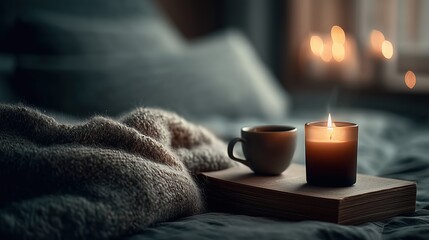 Lit candle on book with mug and blanket