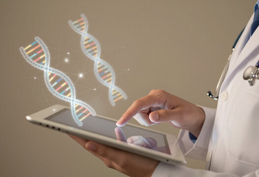 medicine doctor hand tenderly touches screen sleek silver tablet surrounded swirling dna helices digital connections