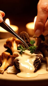 Garnishing a dish with fresh herbs and morel mushrooms in a creamy sauce