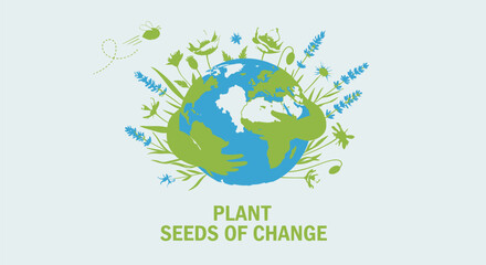 Fototapeta premium Eco friendly icon with globe and plants, Plant Seeds of Change logo. Created in vector style with green and blue palette.