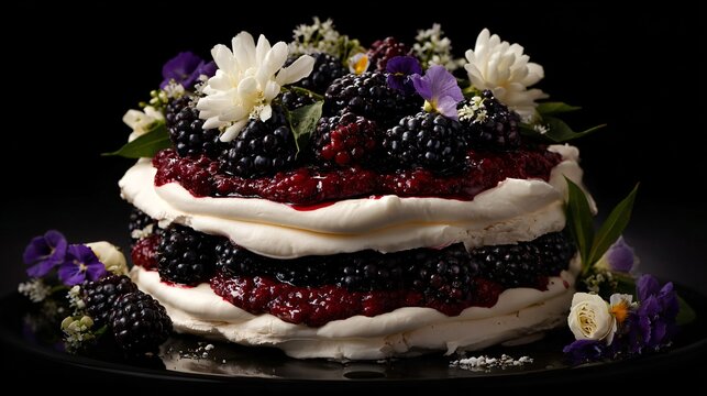 Blackberry pavlova topped with extra cream layers, indulgent dessert presentation